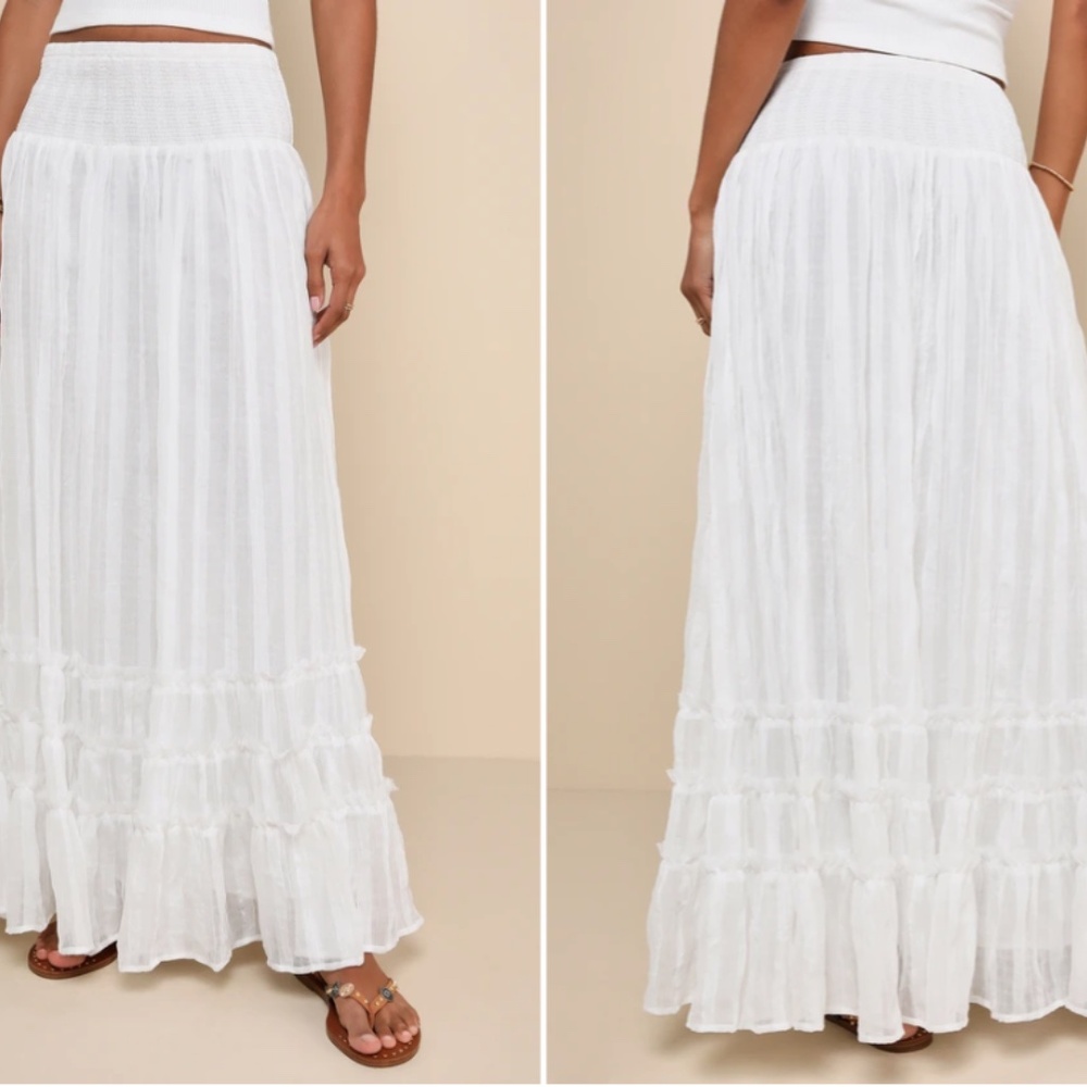 LULU's Boho Bohemian Flowy Romantic Ruffle Chiffon Resort Honeymoon Maxi Skirt - Picture 3 of 4